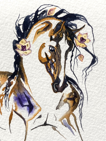 Stallion with roses and 23K gold leaf, approximately 9x11