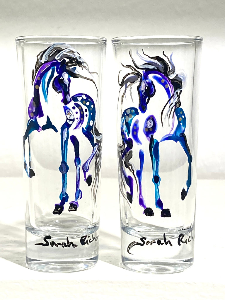 Pair of purple-teal equine shot glasses