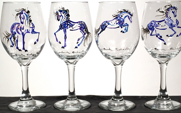 Hand-painted stemmed wine glasses- equine inspired