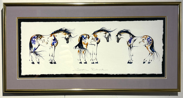 3 mares with hidden foals and  23K gold leaf, approximately 10x20 $295