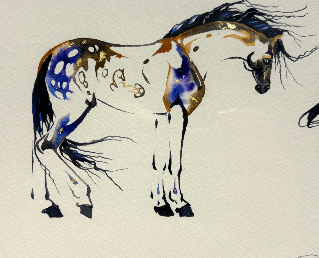 3 mares with hidden foals and  23K gold leaf, approximately 10x20 $295