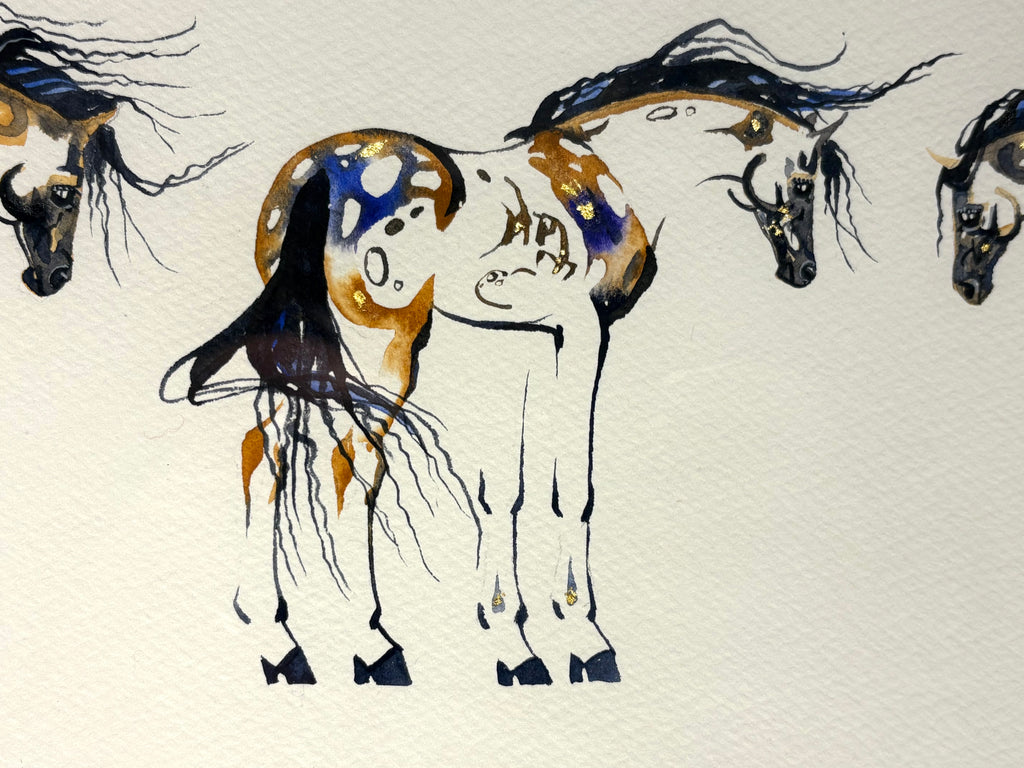 3 mares with hidden foals and  23K gold leaf, approximately 10x20 $295