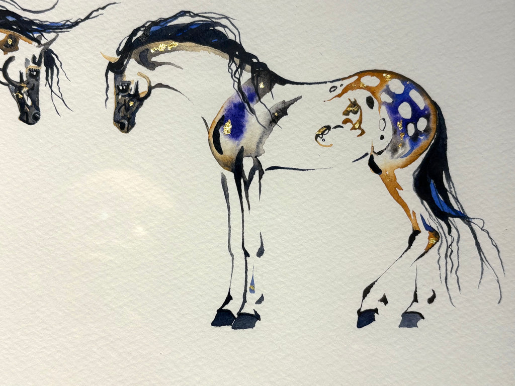 3 mares with hidden foals and  23K gold leaf, approximately 10x20 $295