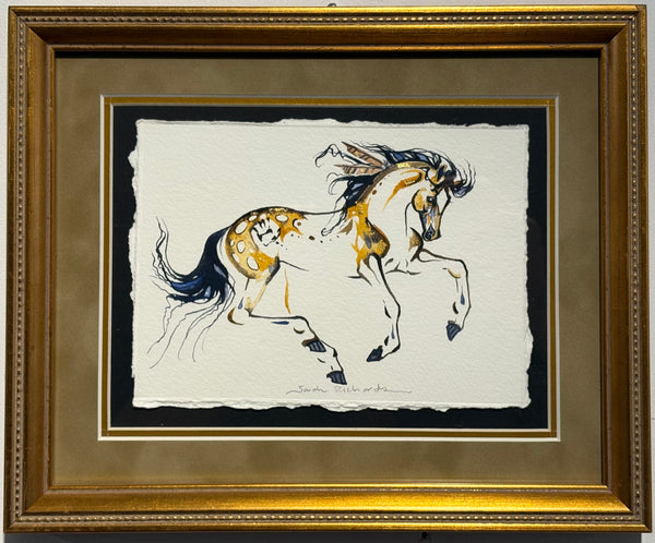 Galloping with feathers and 23k gold leaf framed to approximately 9x11