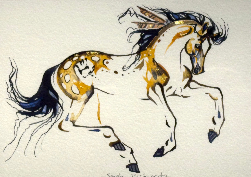 Galloping with feathers and 23k gold leaf framed to approximately 9x11