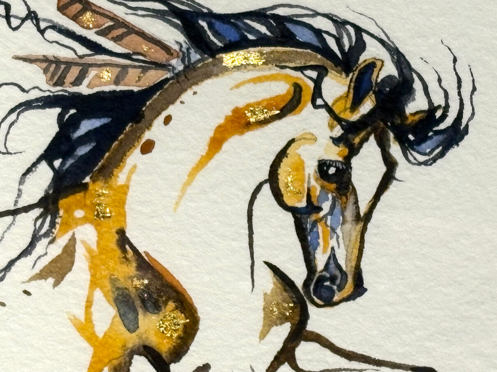 Galloping with feathers and 23k gold leaf framed to approximately 9x11
