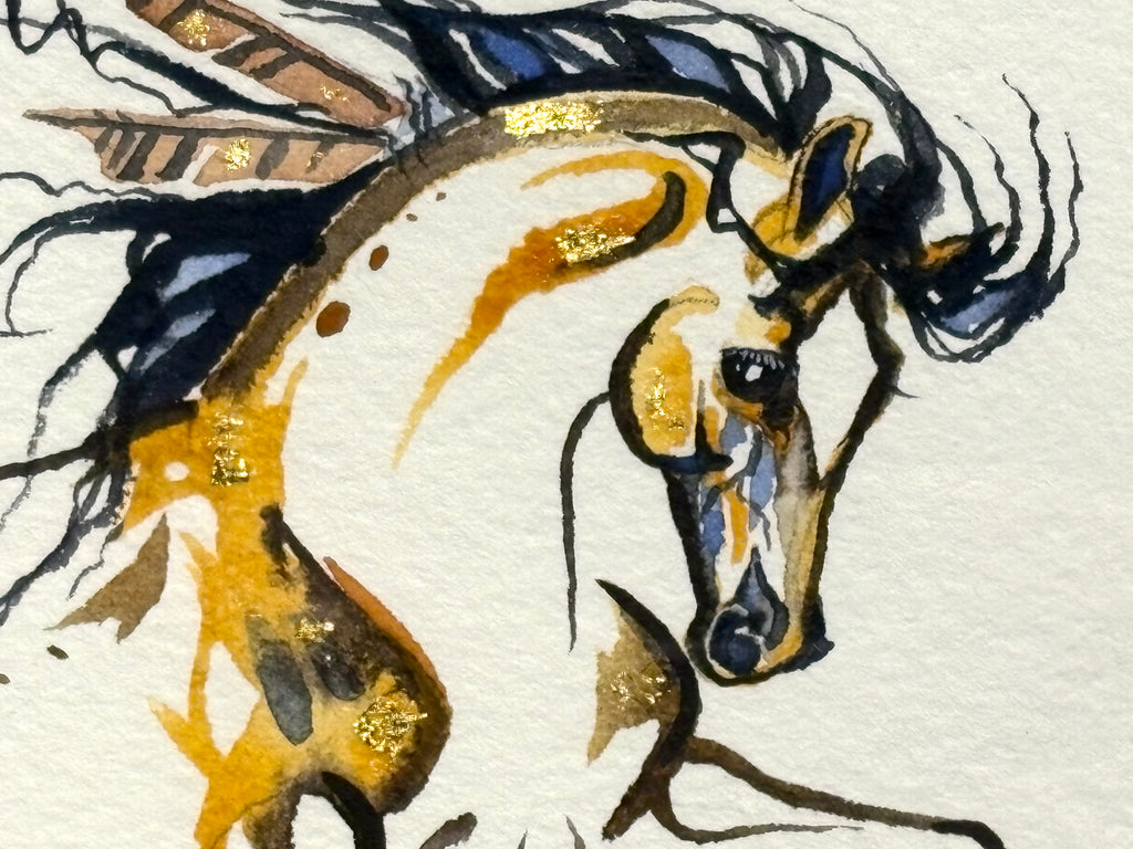 Galloping with feathers and 23k gold leaf framed to approximately 9x11