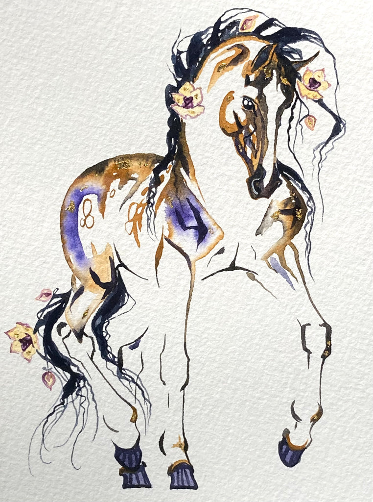 Stallion with roses and 23K gold leaf, approximately 9x11 $205