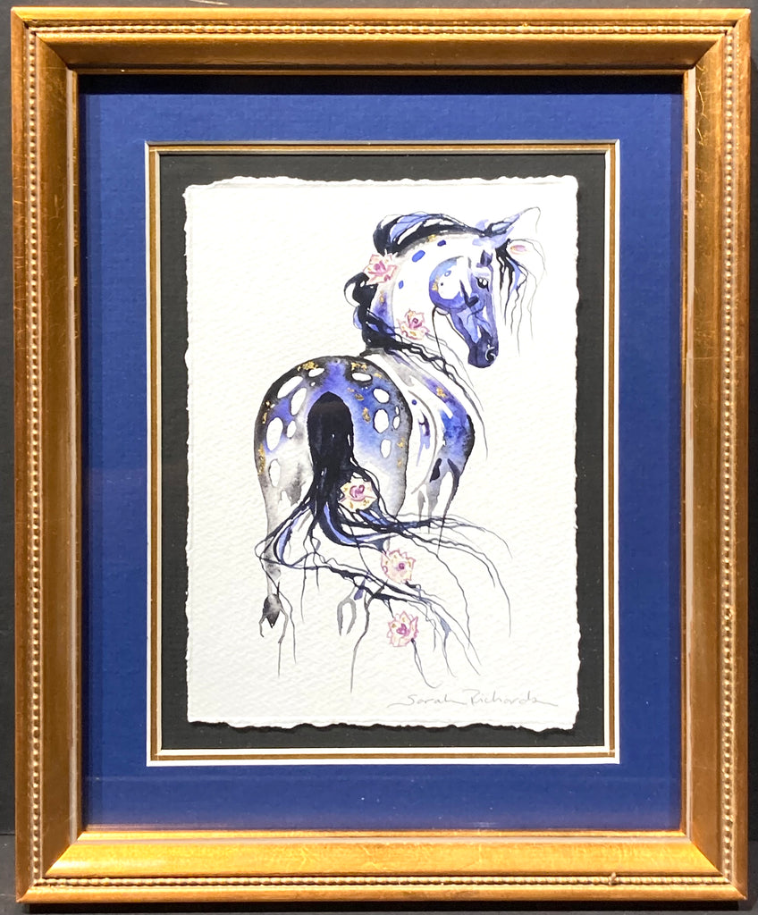 Blue appaloosa with roses and 23K gold leaf, approximately 9x11 $205