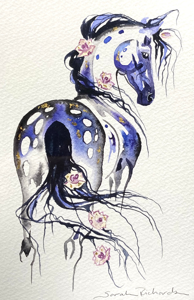 Blue appaloosa with roses and 23K gold leaf, approximately 9x11 $205