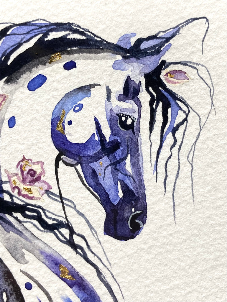 Blue appaloosa with roses and 23K gold leaf, approximately 9x11 $205