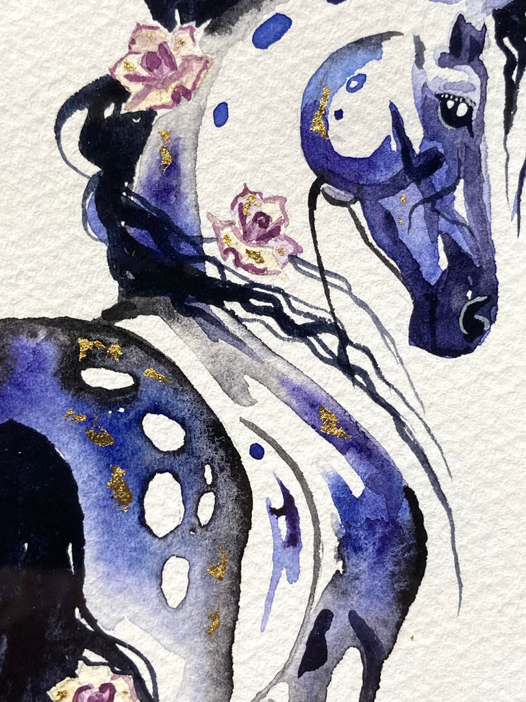 Blue appaloosa with roses and 23K gold leaf, approximately 9x11 $205