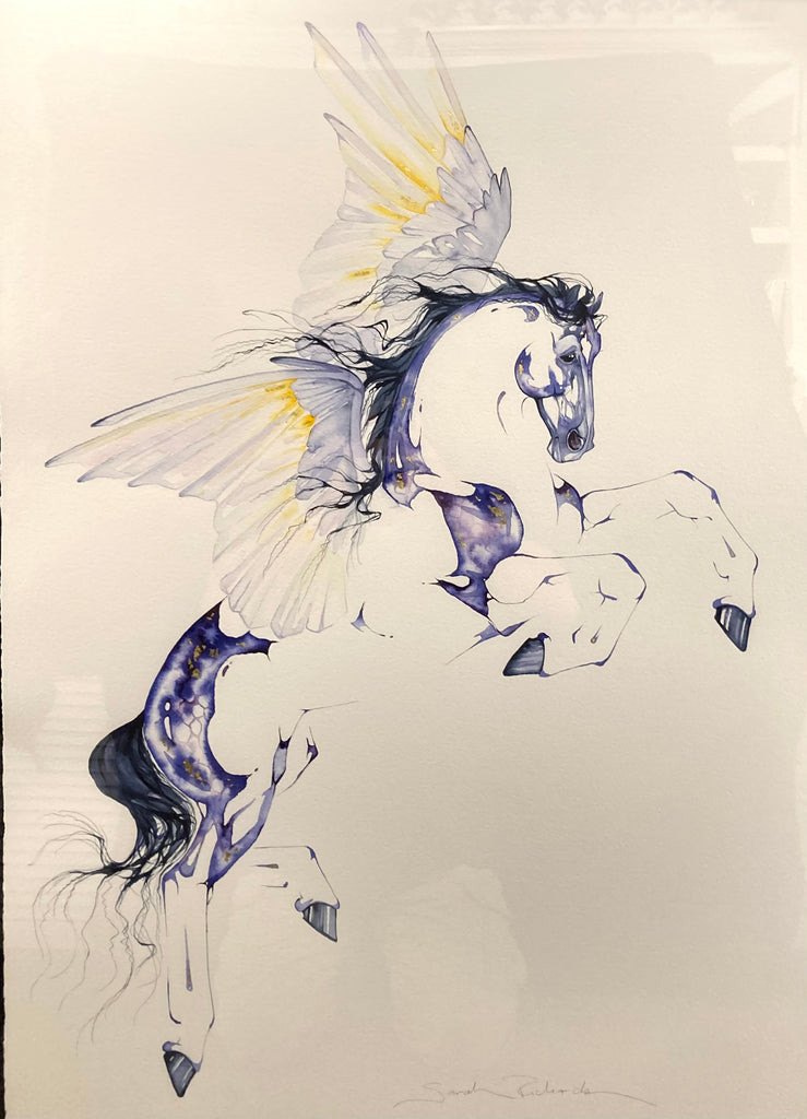 "Pegasus" oversized original watercolor painting with 23K gold leaf.