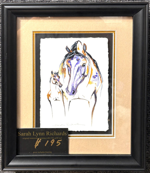 Mare and foal with 23K gold leaf, framed to approx 9x11, $195