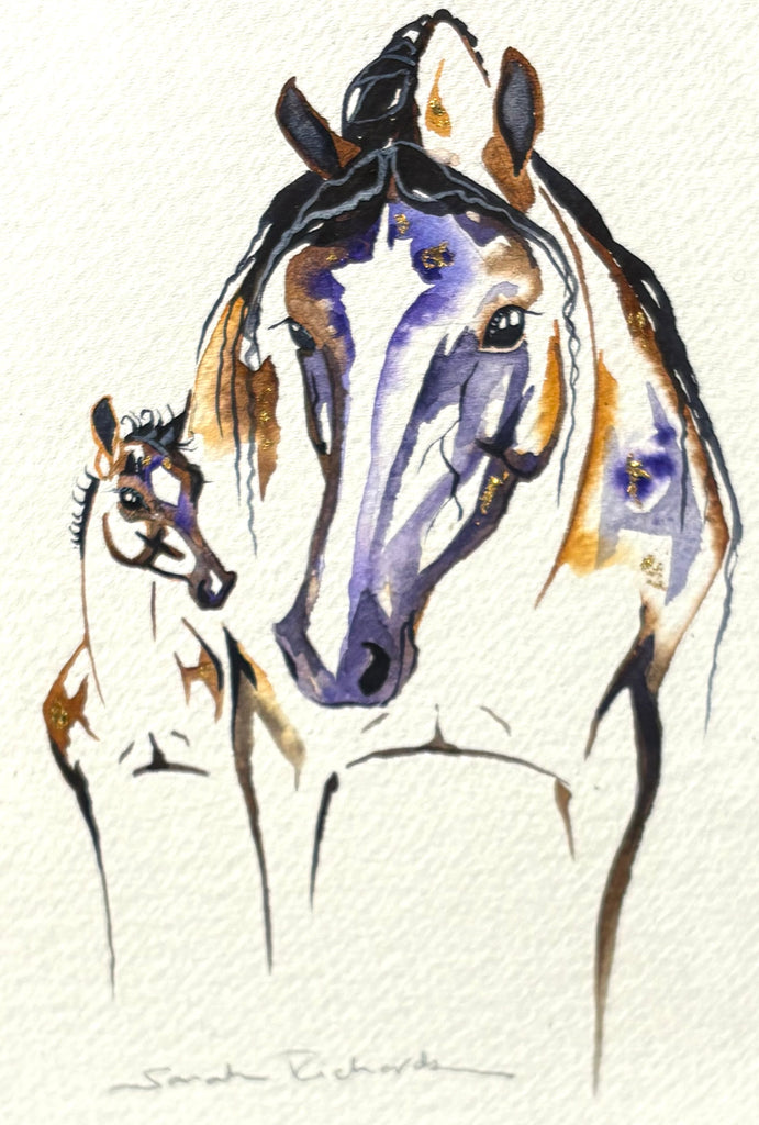 Mare and foal with 23K gold leaf, framed to approx 9x11, $195