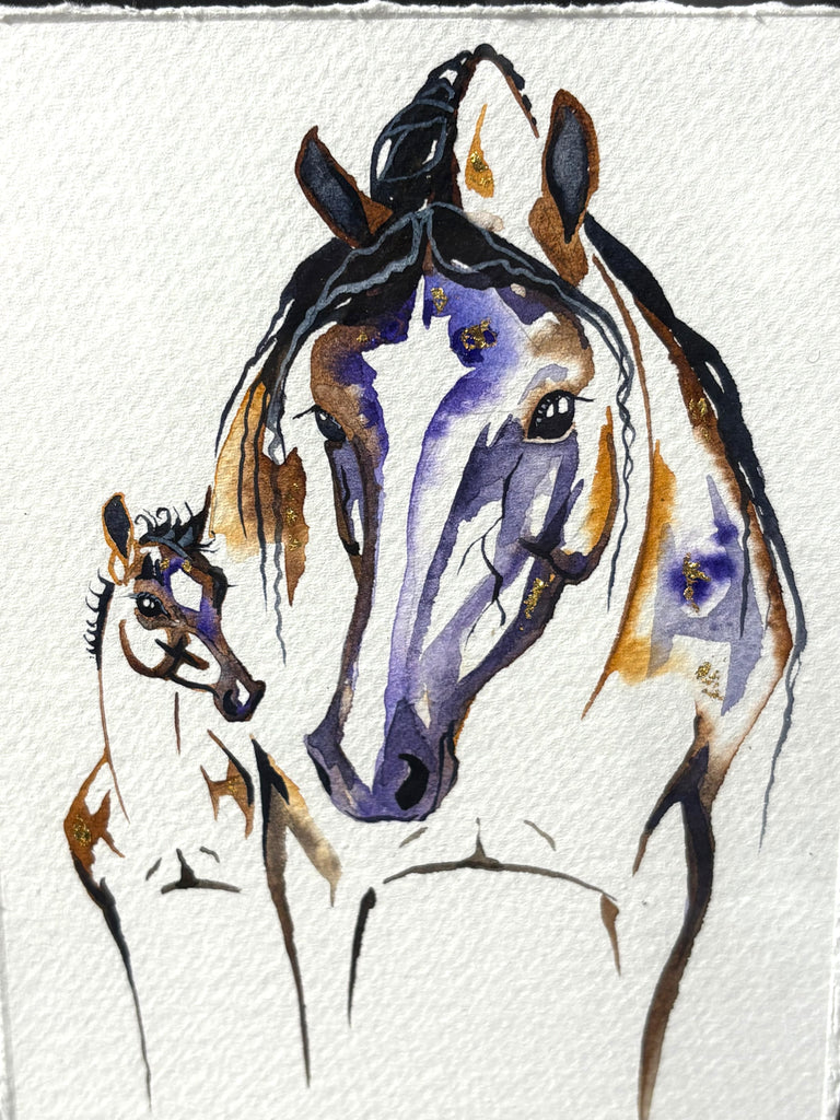 Mare and foal with 23K gold leaf, framed to approx 9x11, $195