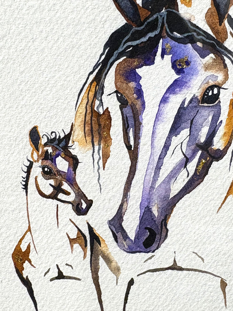 Mare and foal with 23K gold leaf, framed to approx 9x11, $195