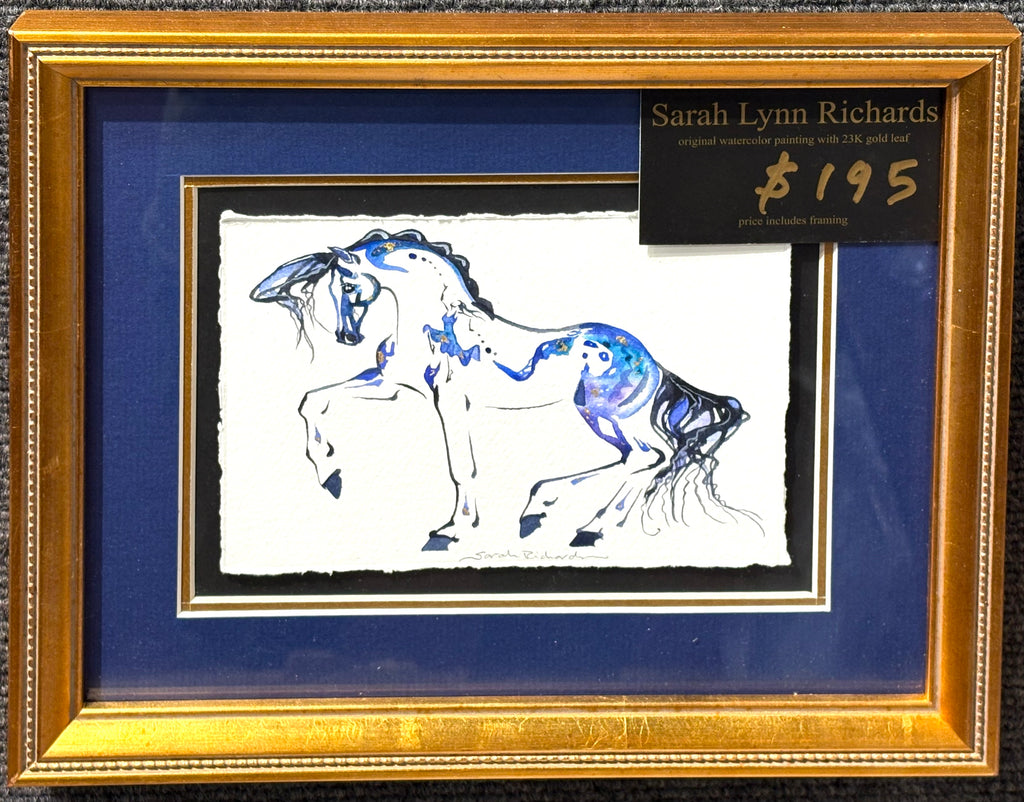 Blue horse with hidden dancer with 23K gold leaf, framed to approx 9x11, $195