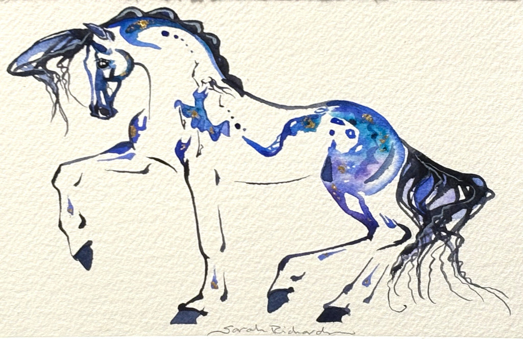 Blue horse with hidden dancer with 23K gold leaf, framed to approx 9x11, $195