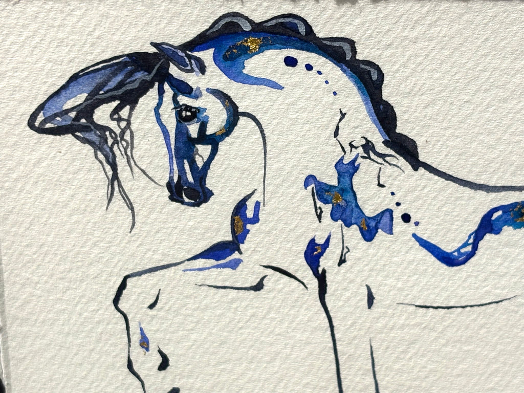 Blue horse with hidden dancer with 23K gold leaf, framed to approx 9x11, $195