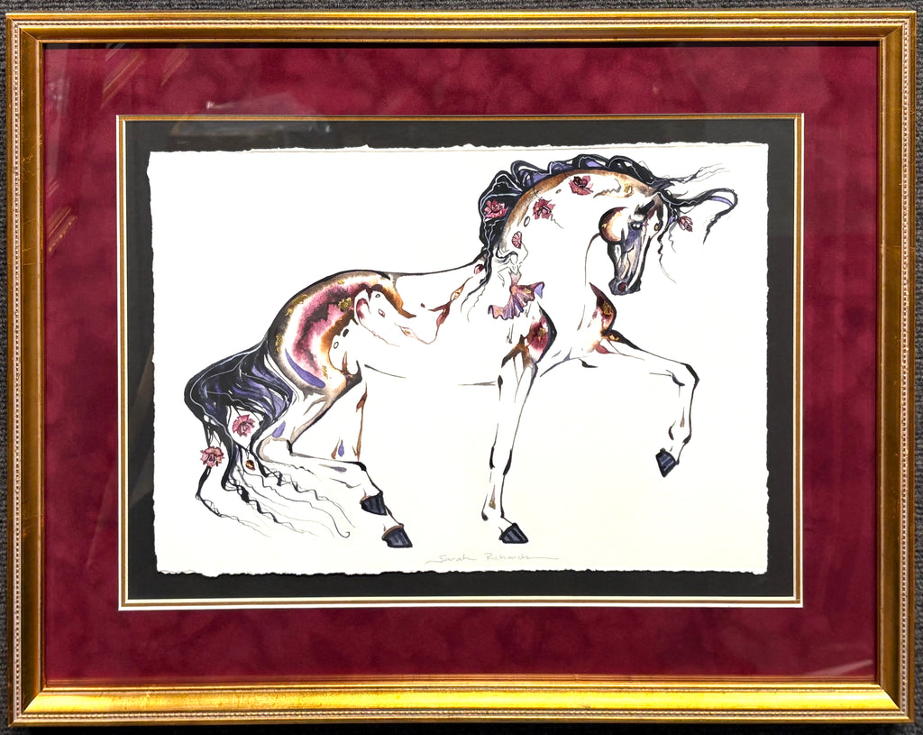 Burgundy Piaffe with roses and hidden dancer and 23K gold leaf, framed to approx 17x21 $350