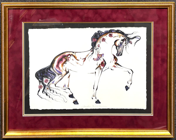 Burgundy Piaffe with roses and hidden dancer and 23K gold leaf, framed to approx 17x21 $350