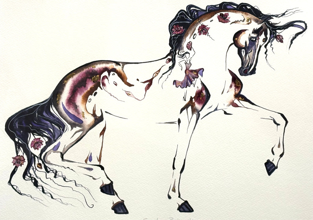 Burgundy Piaffe with roses and hidden dancer and 23K gold leaf, framed to approx 17x21 $350