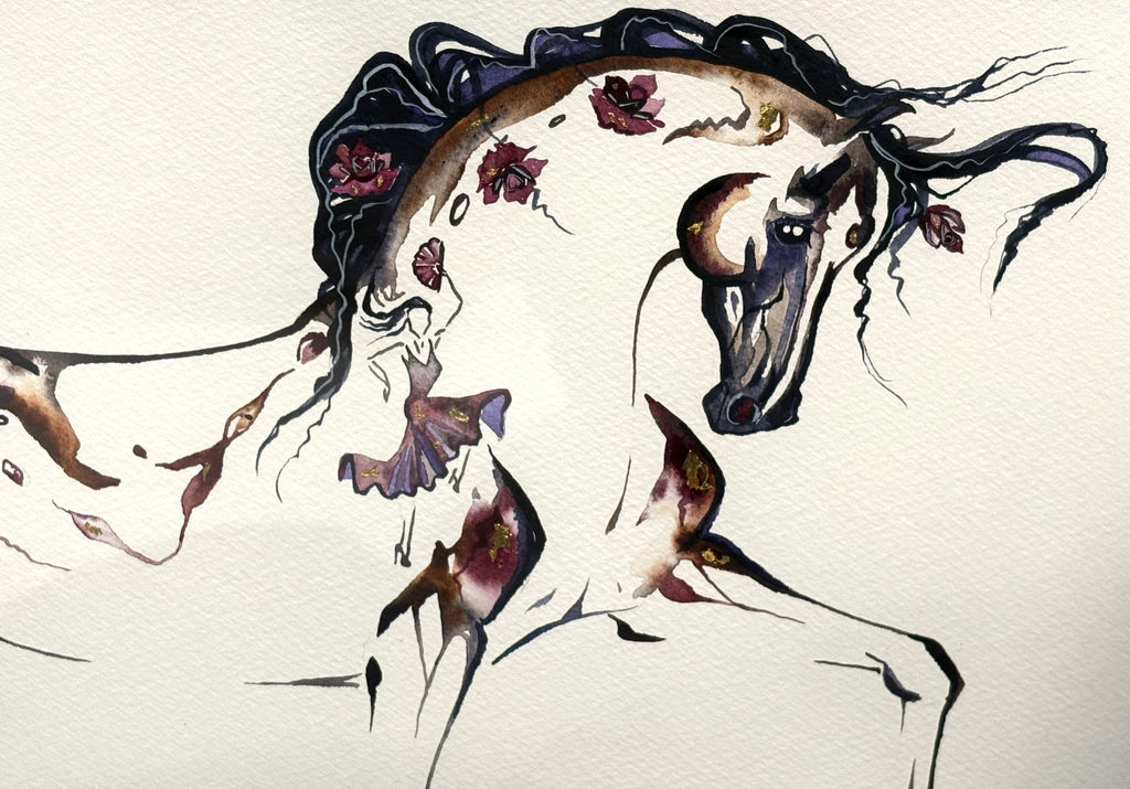 Burgundy Piaffe with roses and hidden dancer and 23K gold leaf, framed to approx 17x21 $350