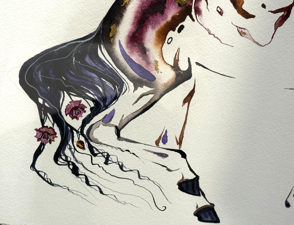 Burgundy Piaffe with roses and hidden dancer and 23K gold leaf, framed to approx 17x21 $350