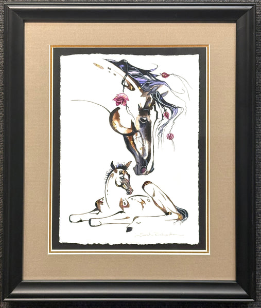 Mare and Foal with 23K gold leaf, framed to approx 13x16 $250