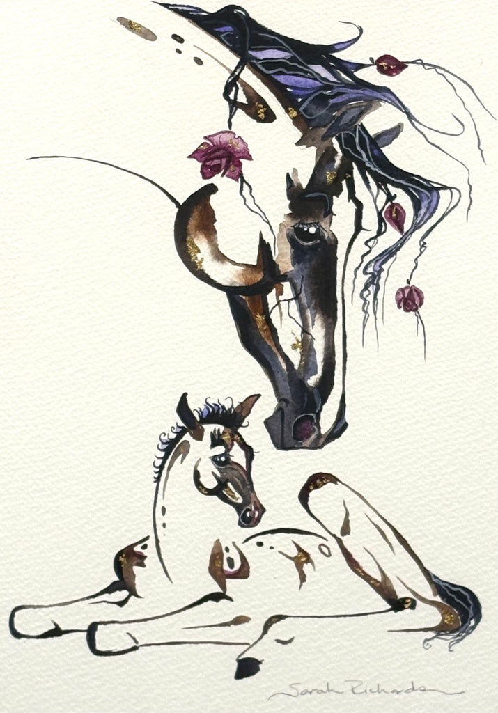 Mare and Foal with 23K gold leaf, framed to approx 13x16 $250