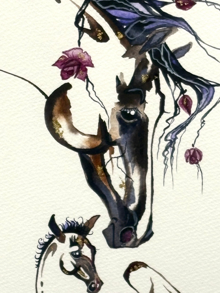 Mare and Foal with 23K gold leaf, framed to approx 13x16 $250
