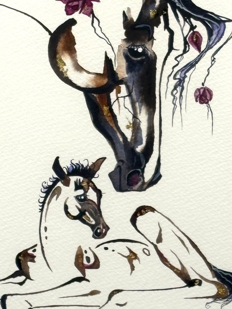 Mare and Foal with 23K gold leaf, framed to approx 13x16 $250