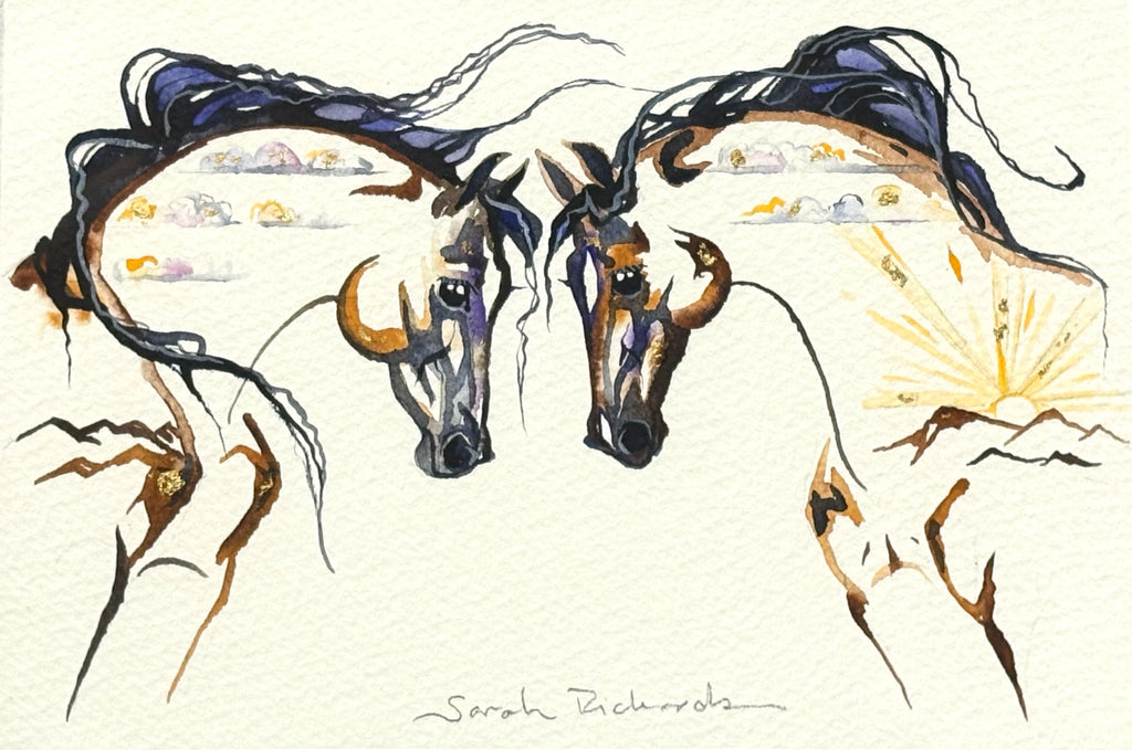 Two horses meeting with 23K gold leaf, framed to approx 9x11, $195