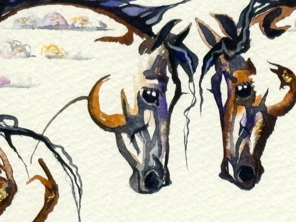 Two horses meeting with 23K gold leaf, framed to approx 9x11, $195