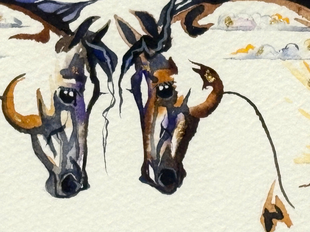 Two horses meeting with 23K gold leaf, framed to approx 9x11, $195