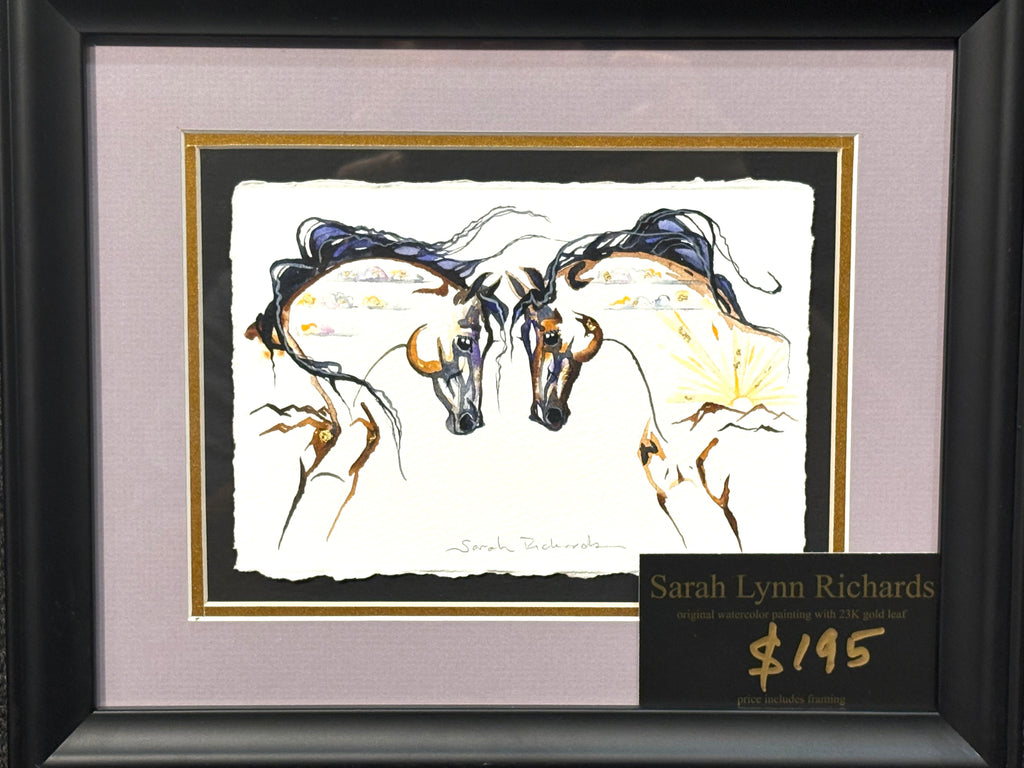 Two horses meeting with 23K gold leaf, framed to approx 9x11, $195