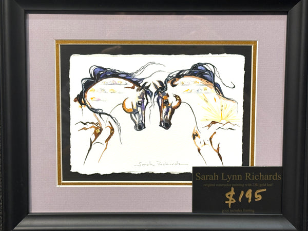 Two horses meeting with 23K gold leaf, framed to approx 9x11, $195