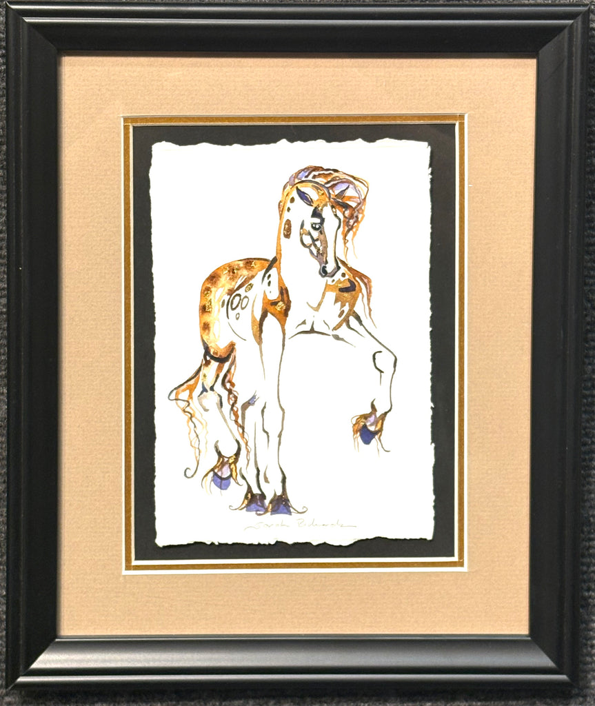 Tan stallion with 23K gold leaf, framed to approx 9x11, $195