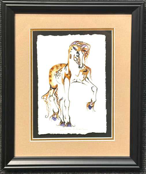 Tan stallion with 23K gold leaf, framed to approx 9x11, $195