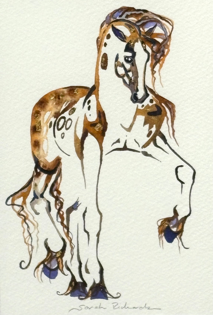 Tan stallion with 23K gold leaf, framed to approx 9x11, $195