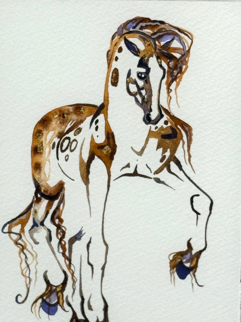 Tan stallion with 23K gold leaf, framed to approx 9x11, $195