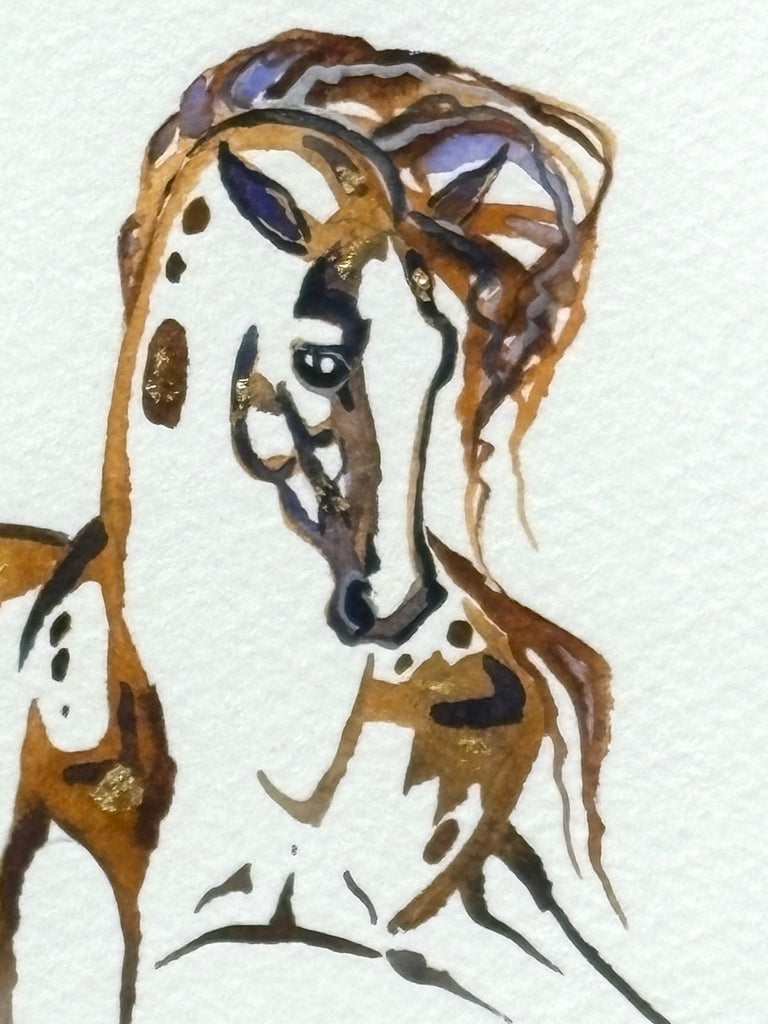 Tan stallion with 23K gold leaf, framed to approx 9x11, $195