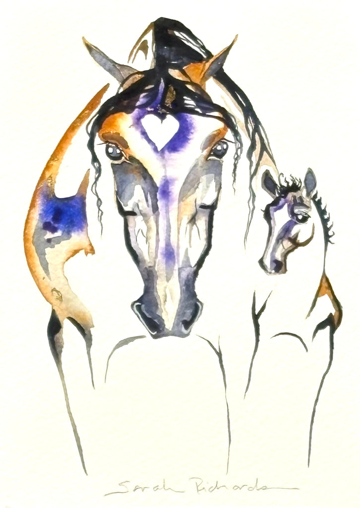 Mare and foal with 23K gold leaf, framed to approx 9x11, $195