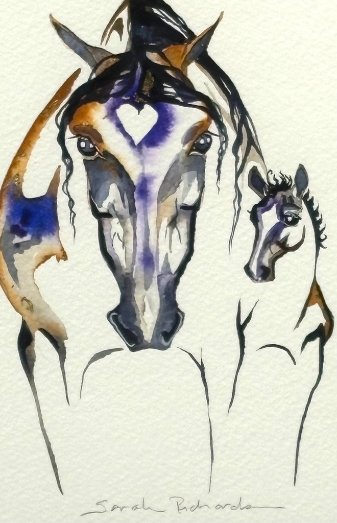 Mare and foal with 23K gold leaf, framed to approx 9x11, $195