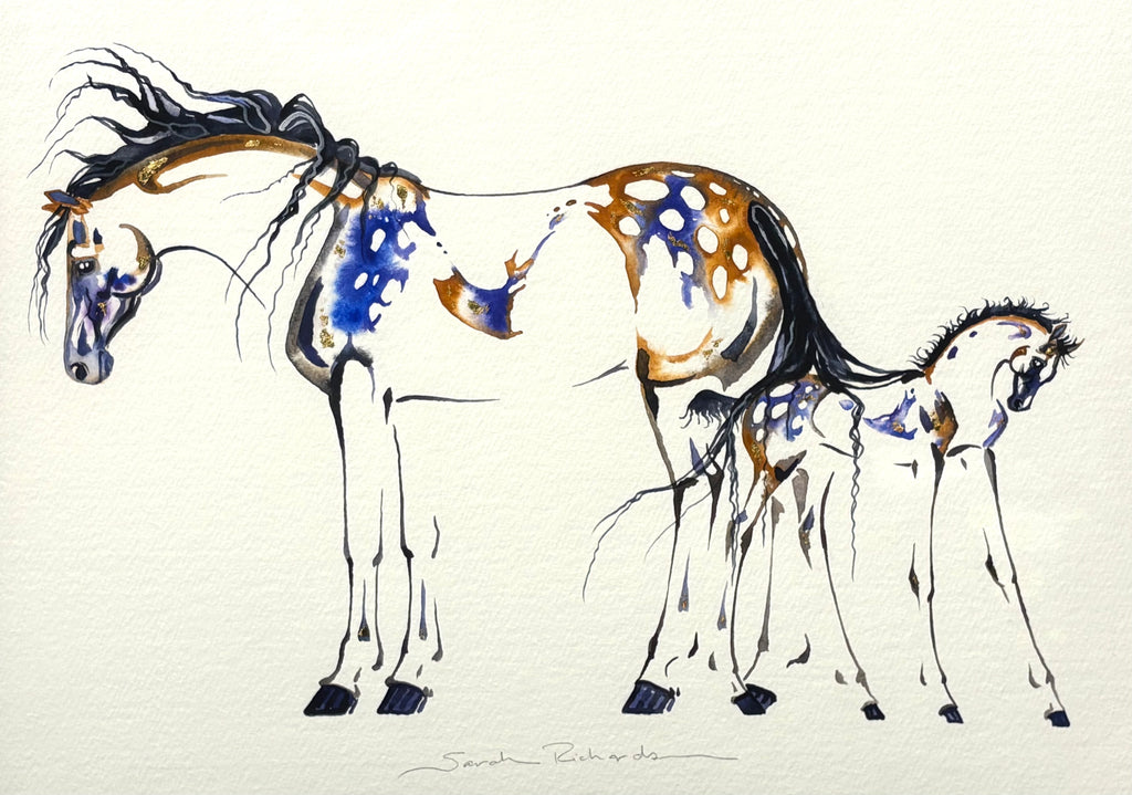 Mare and Foal with 23K gold leaf, framed to approx 17x21 $350