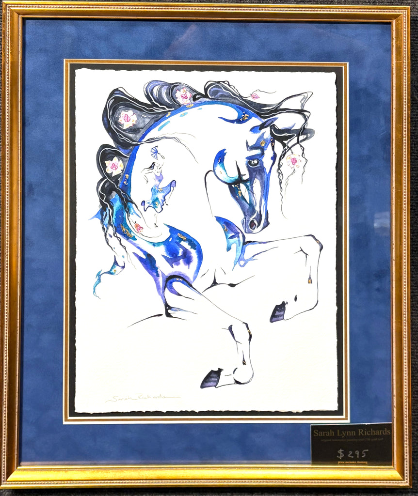Blue stallion with hidden dancer and with 23K gold leaf, framed to approx 13x16 $250