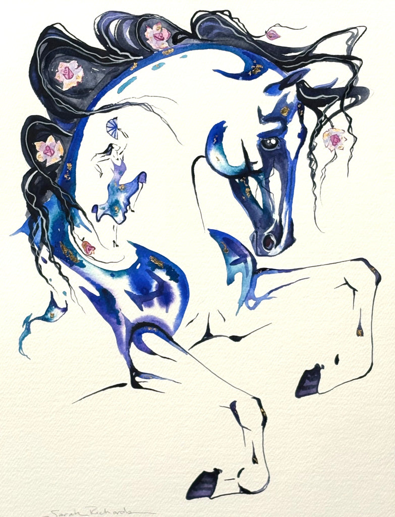 Blue stallion with hidden dancer and with 23K gold leaf, framed to approx 13x16 $250