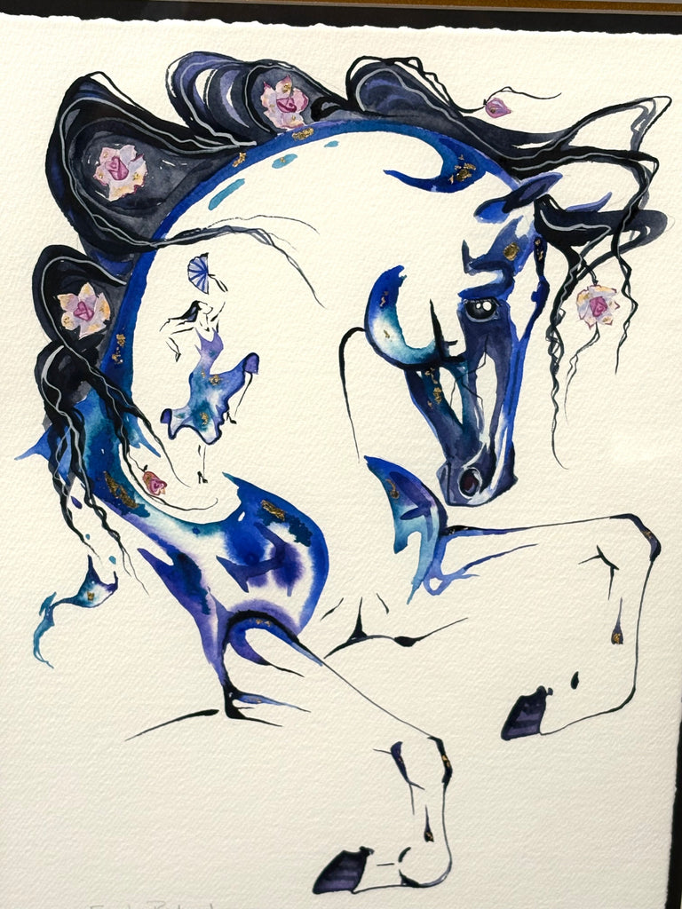 Blue stallion with hidden dancer and with 23K gold leaf, framed to approx 13x16 $250