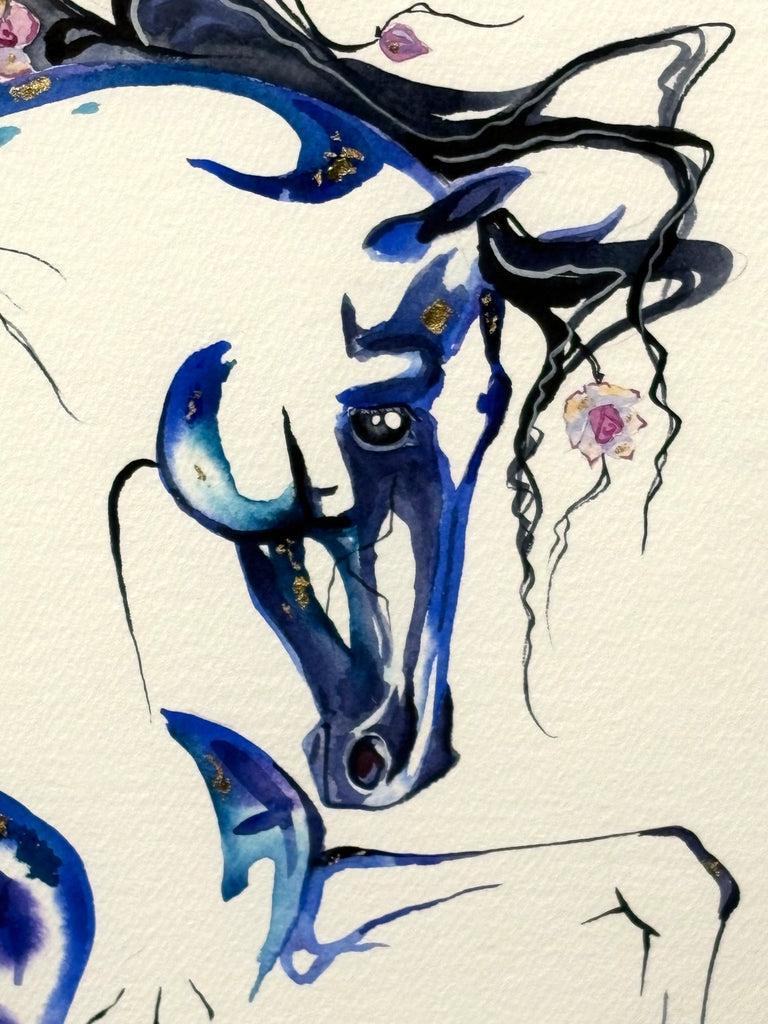 Blue stallion with hidden dancer and with 23K gold leaf, framed to approx 13x16 $250